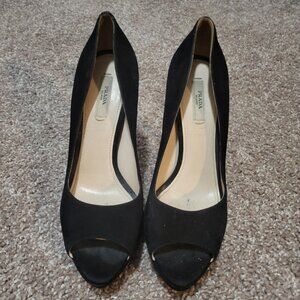 Prada AUTHENTIC Suede leather Black Peep Open Toe Platform Heel Pump, Size 38